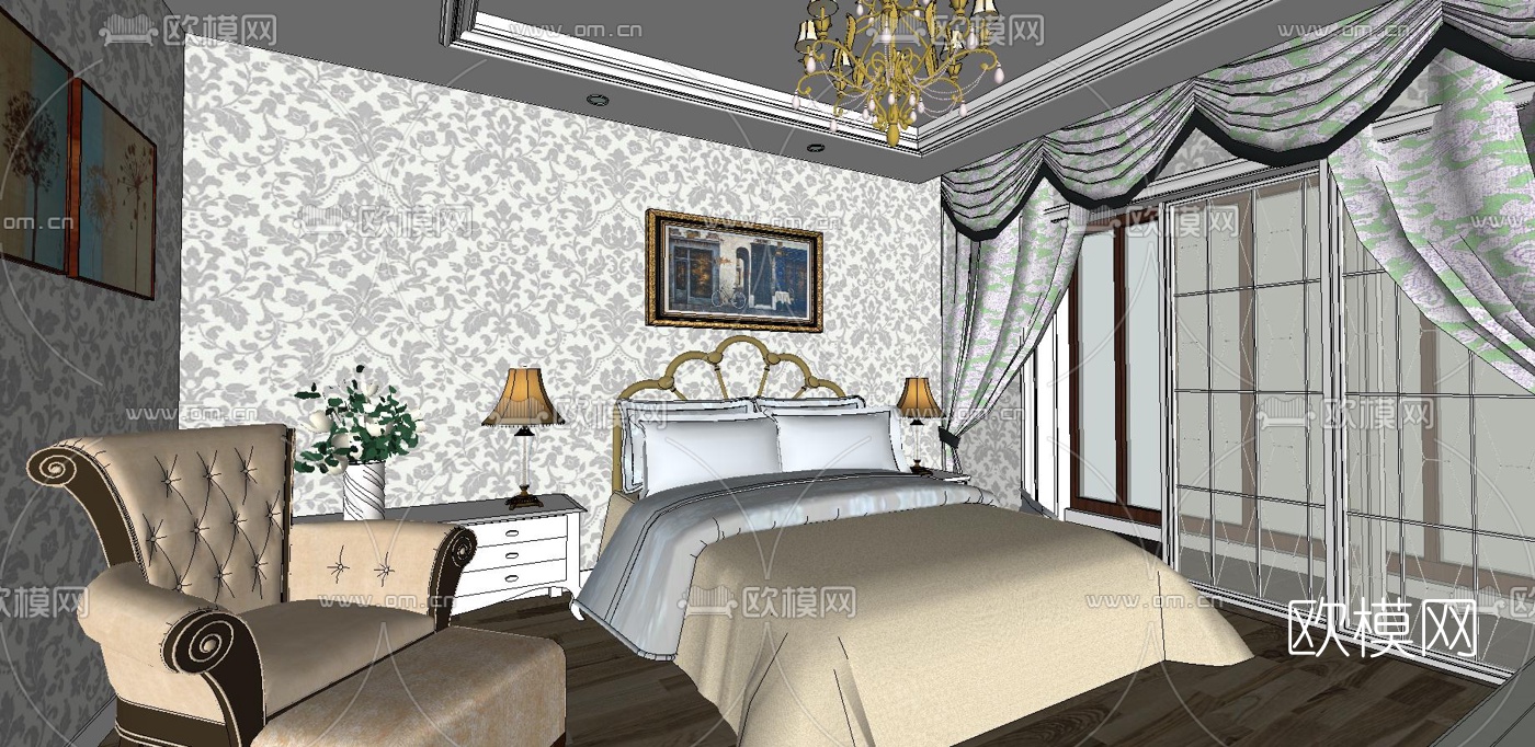 简欧客厅su模型下载（渲染图3）