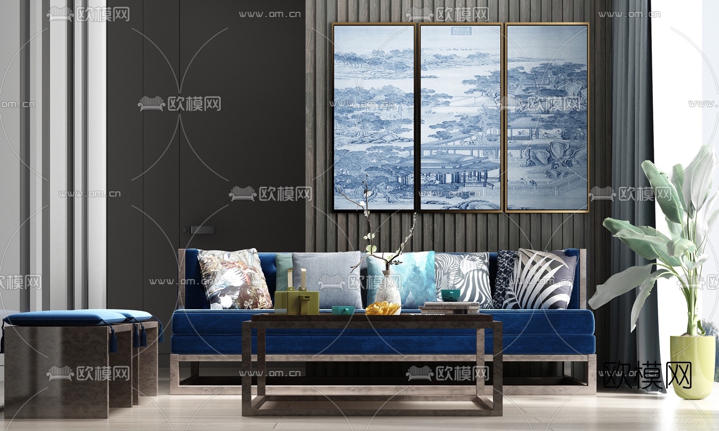 新中式实木绒布沙发组合3d模型