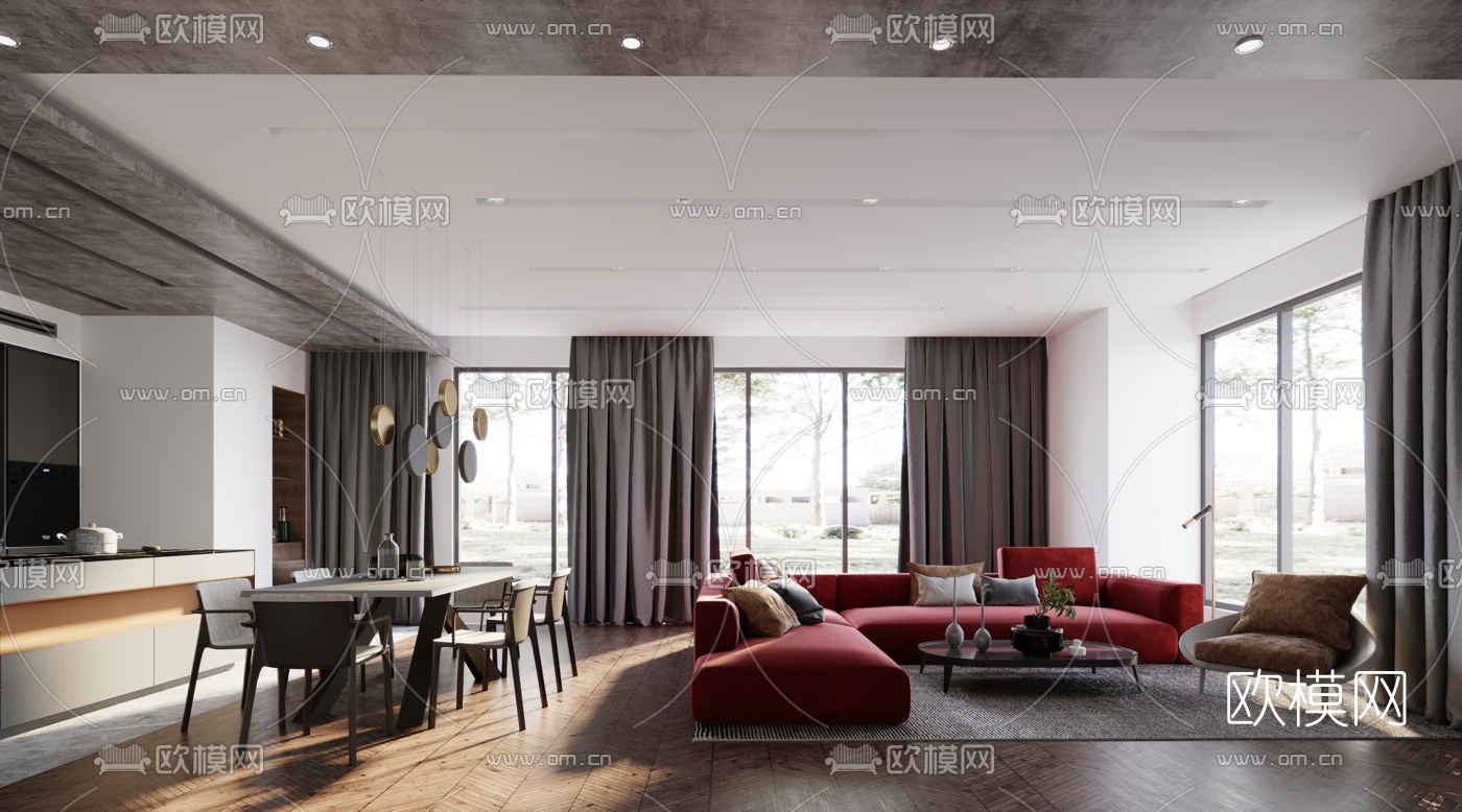 现代客厅餐厅3d模型