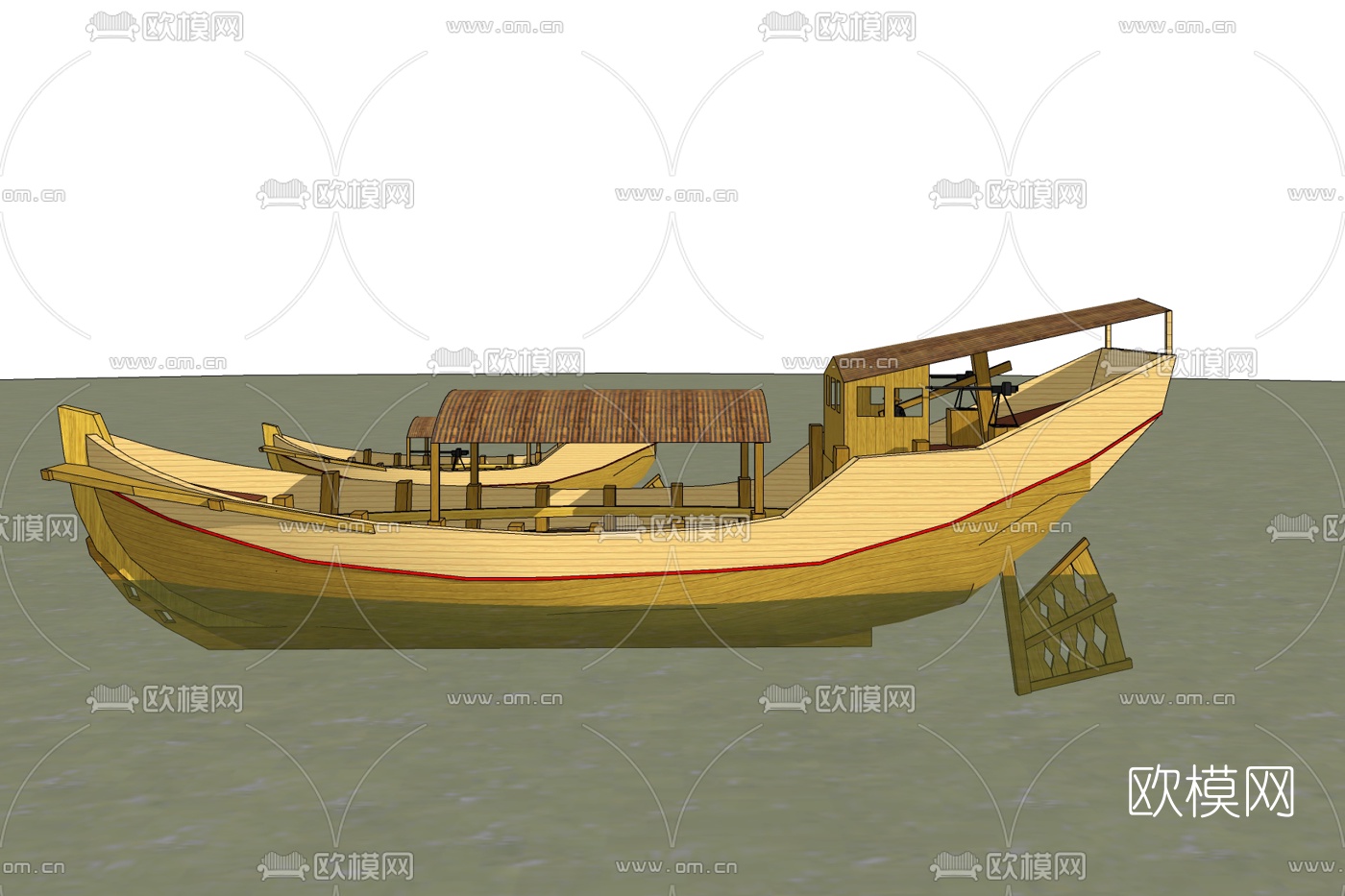 中式木制观光船免费su模型下载