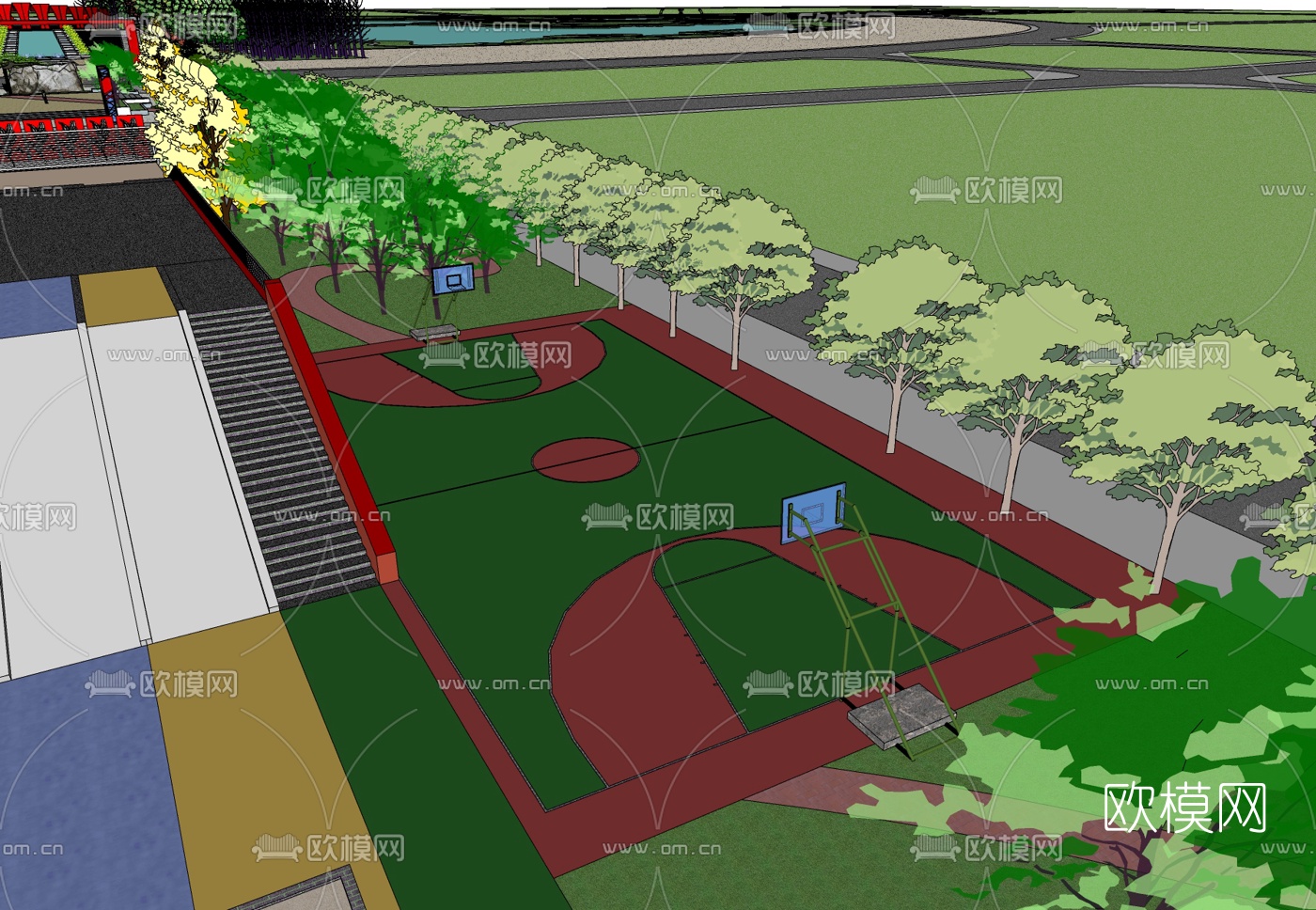 现代篮球场免费su模型下载