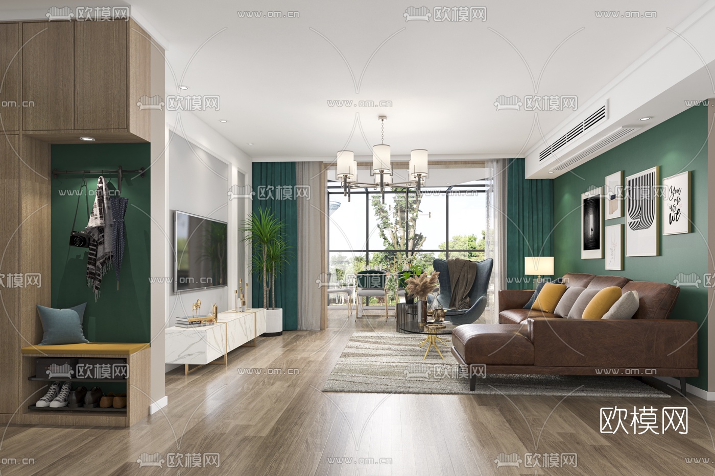 后现代客厅餐厅3d模型下载（渲染图1）