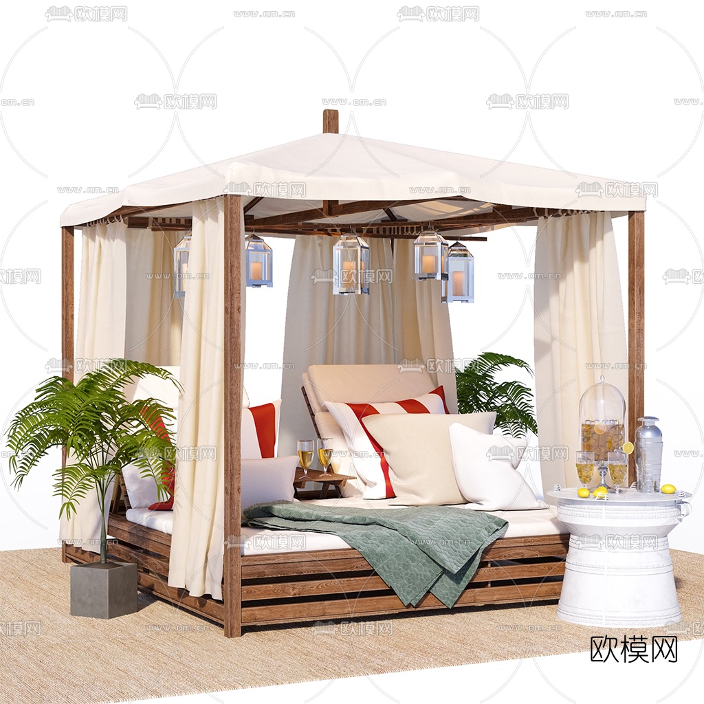 现代户外沙发床遮阳床遮阳伞3d模型下载（渲染图1）