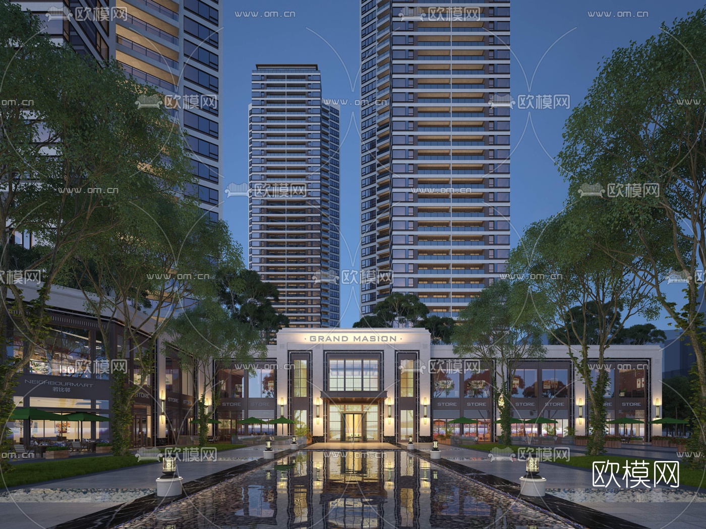 现代夜景会所建筑外观3d模型