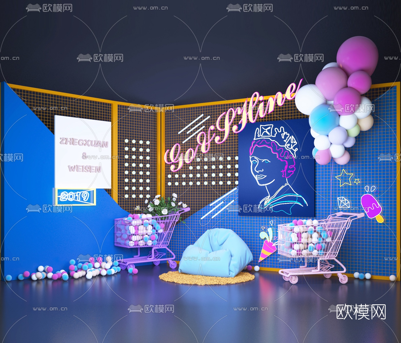 工业风网红店霓虹灯橱窗美陈3d模型下载