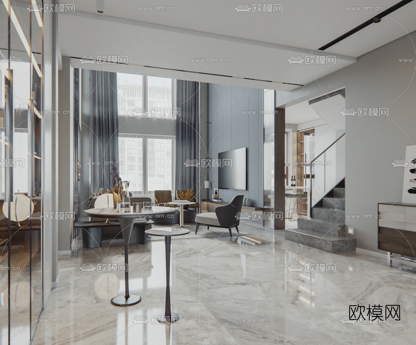 现代别墅客厅餐厅3d模型