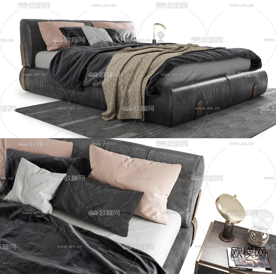 现代布艺双人床3d模型下载（渲染图2）