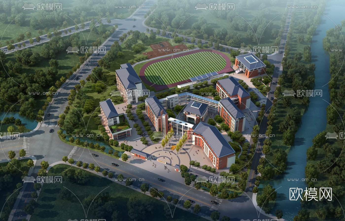 现代学校鸟瞰规划3d模型下载（渲染图1）