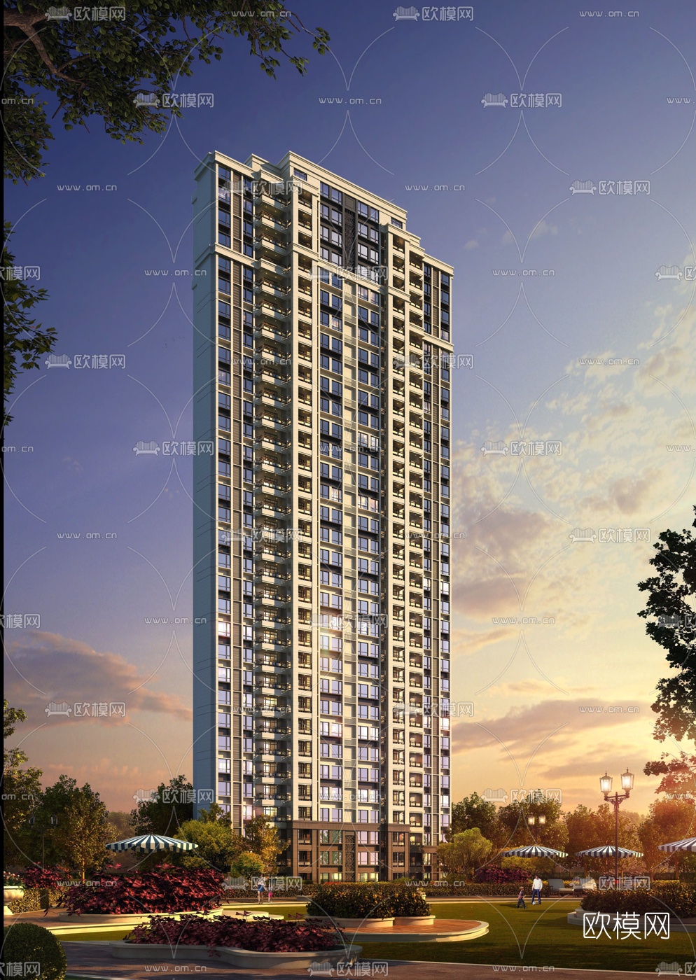 简欧高层住宅建筑外观3d模型下载