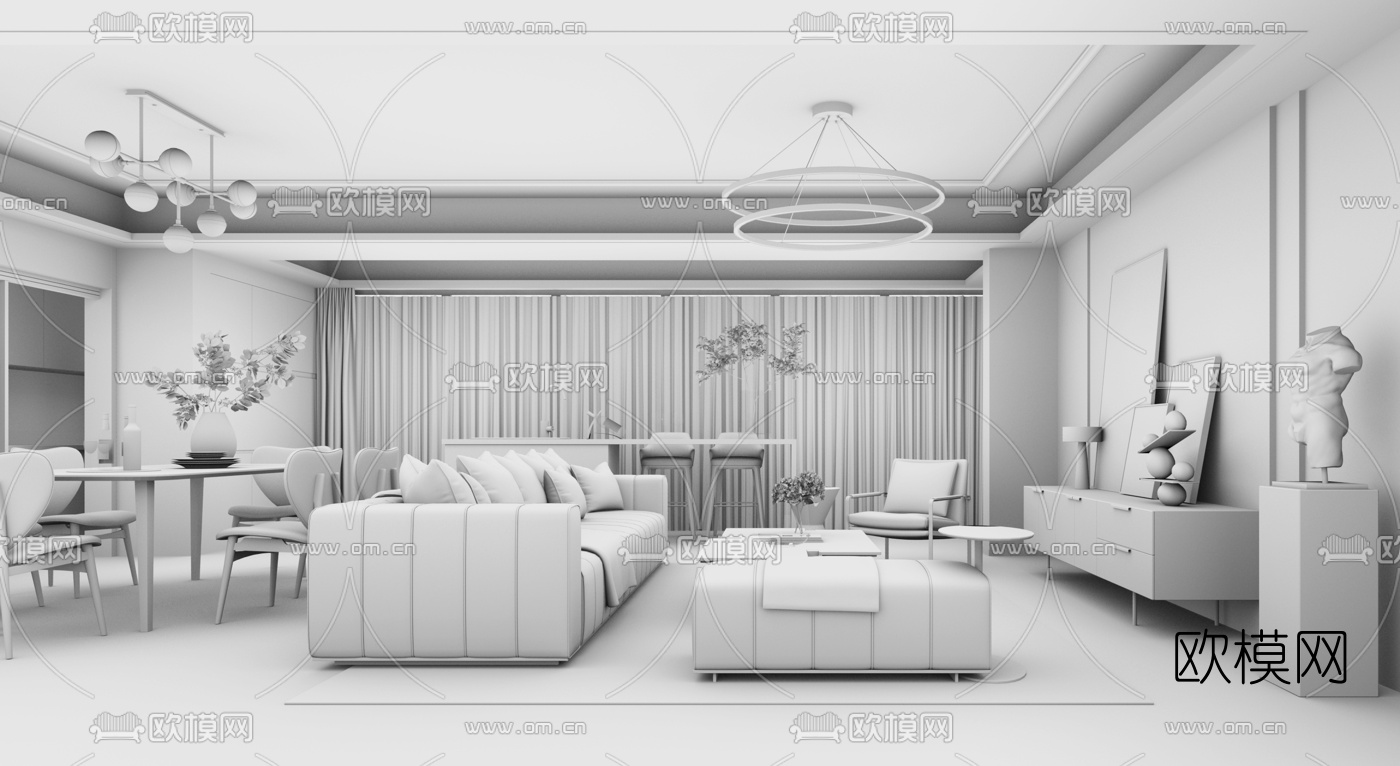 现代轻奢客厅餐厅su模型下载（渲染图3）