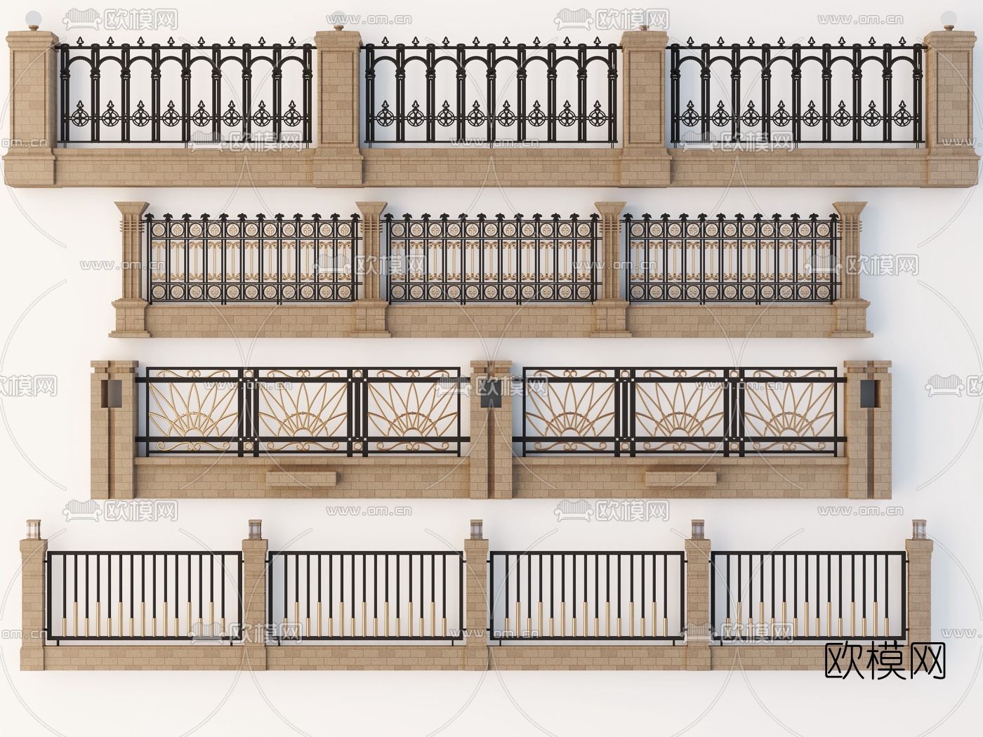 欧式围墙铁艺围栏3d模型下载（渲染图1）