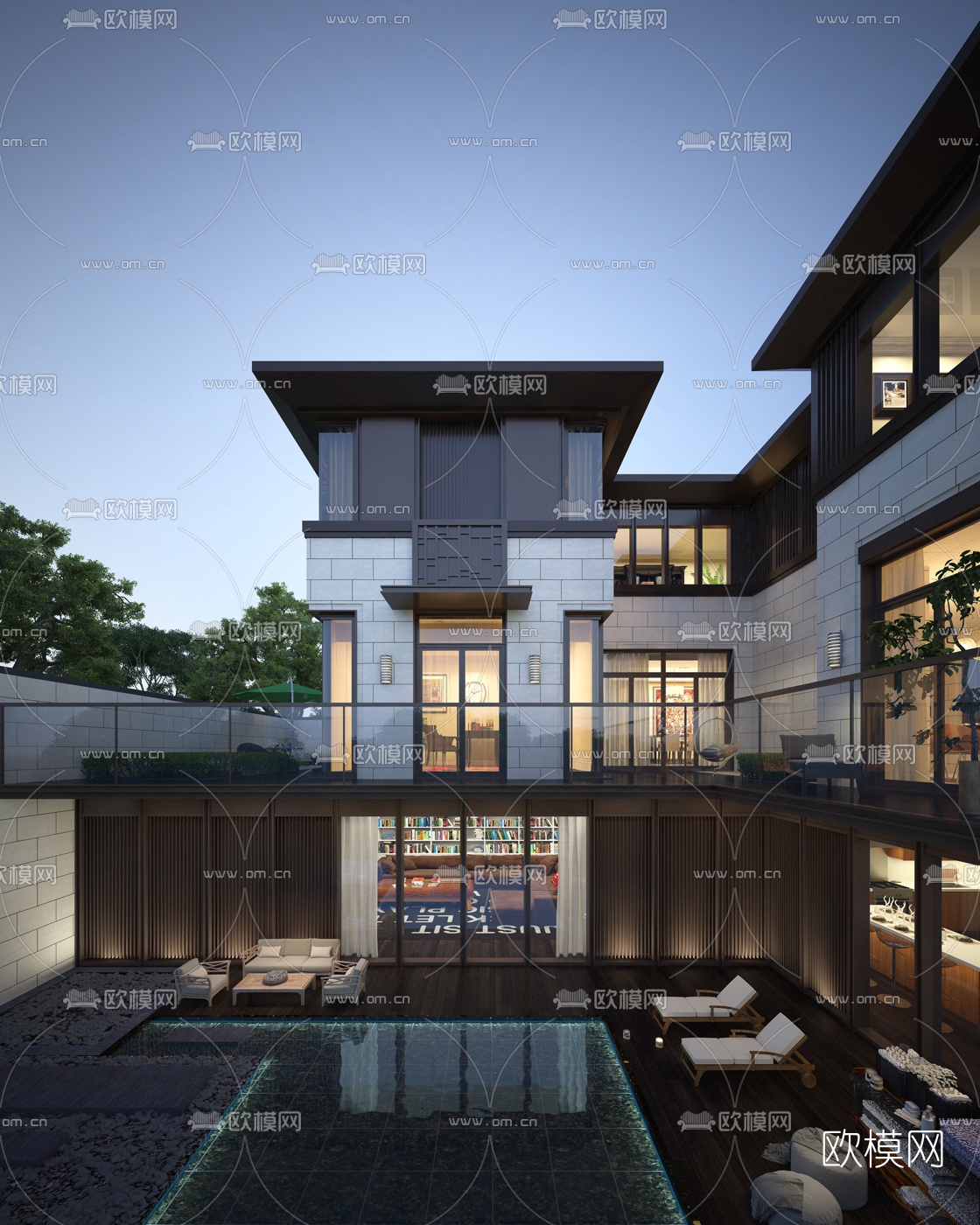 新中式别墅外观夜景3d模型