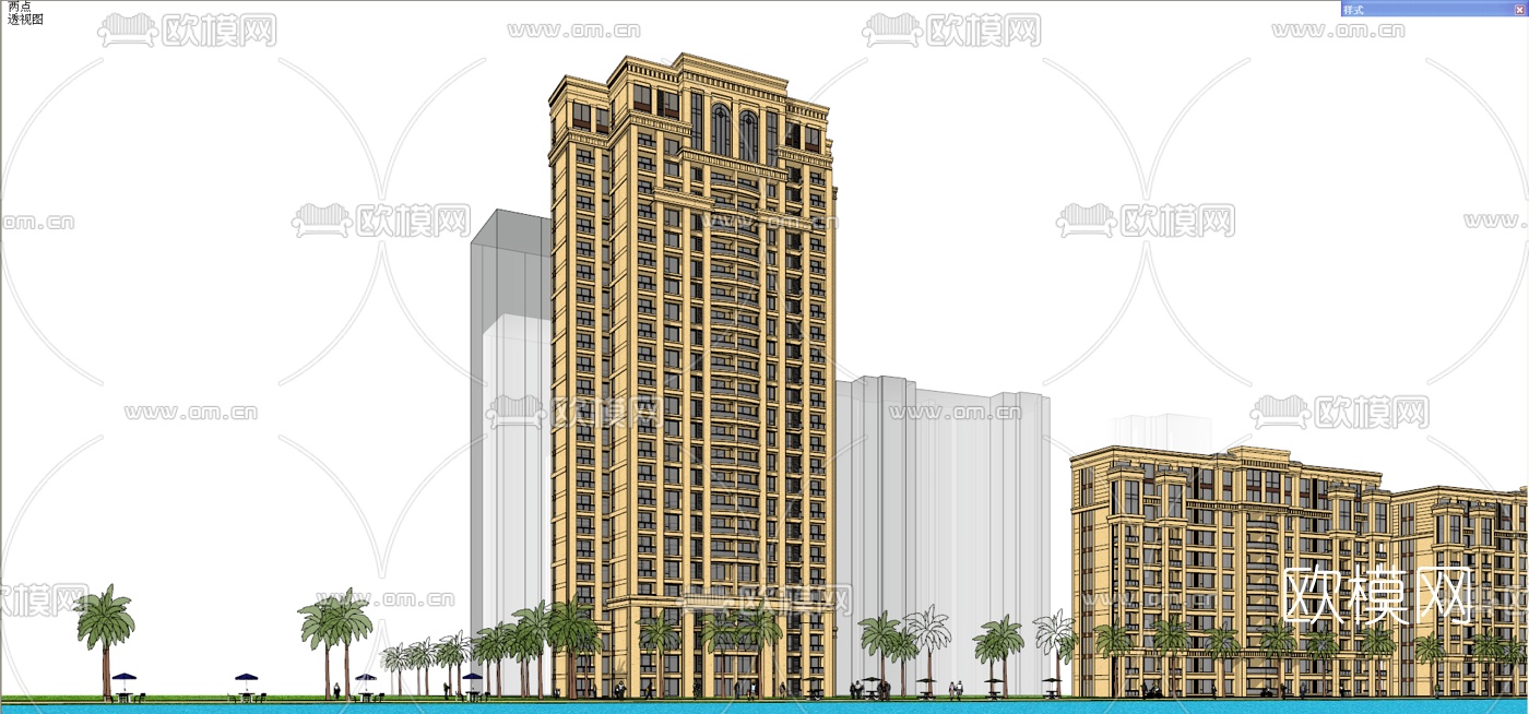 欧式古典高层公寓楼免费su模型下载（渲染图1）