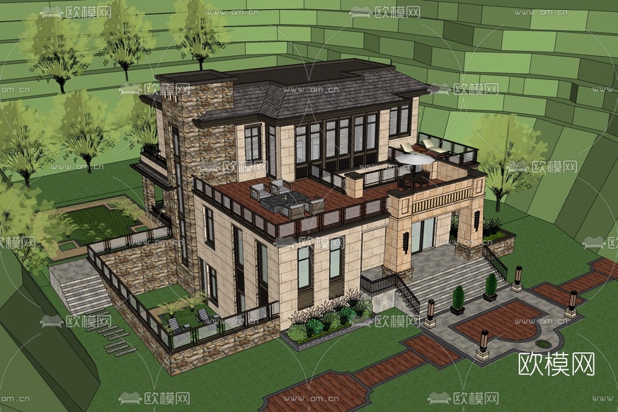 新古典独栋别墅免费su模型下载