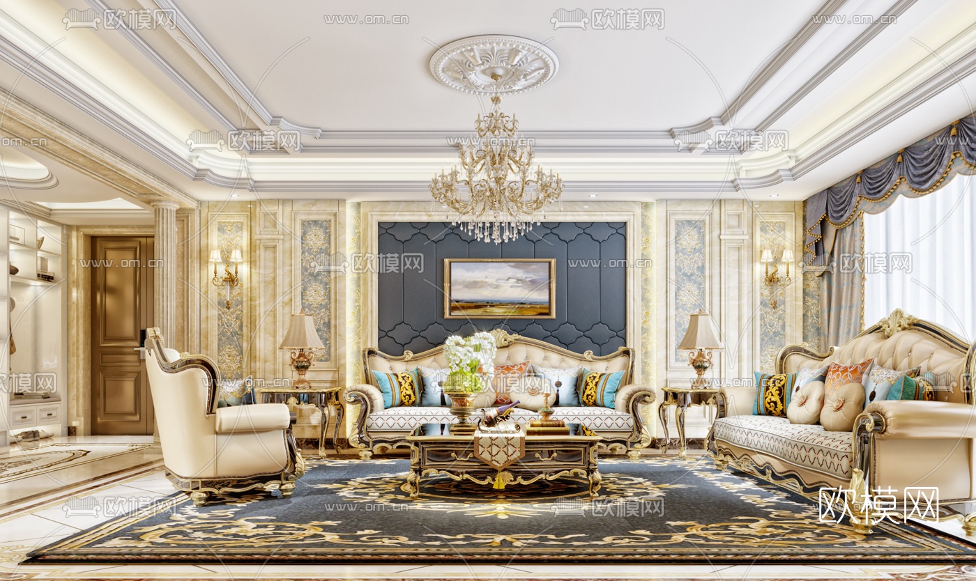 欧式古典轻奢客厅3d模型下载（渲染图1）