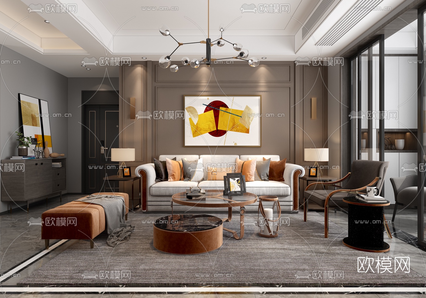 现代轻奢客厅餐厅3d模型下载（渲染图5）