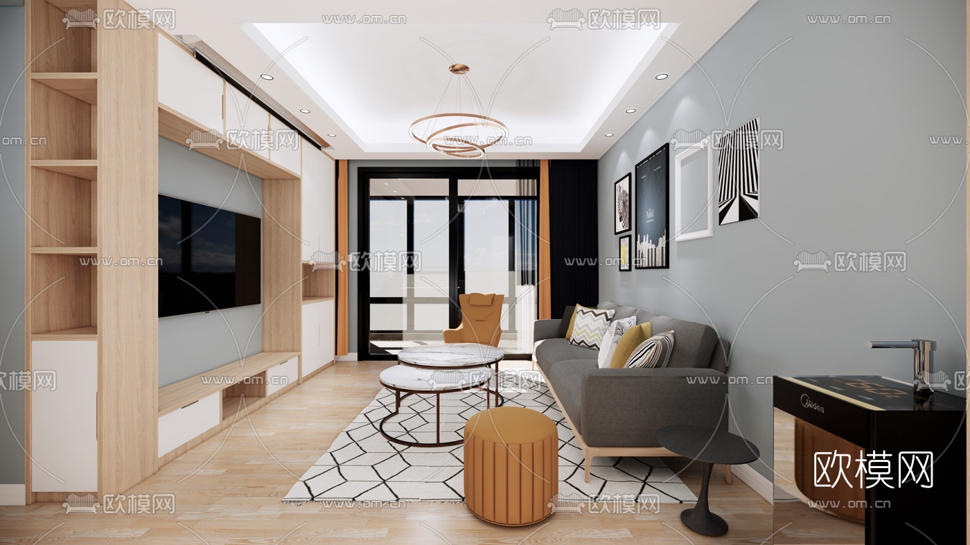 北欧客厅餐厅su模型下载（渲染图1）