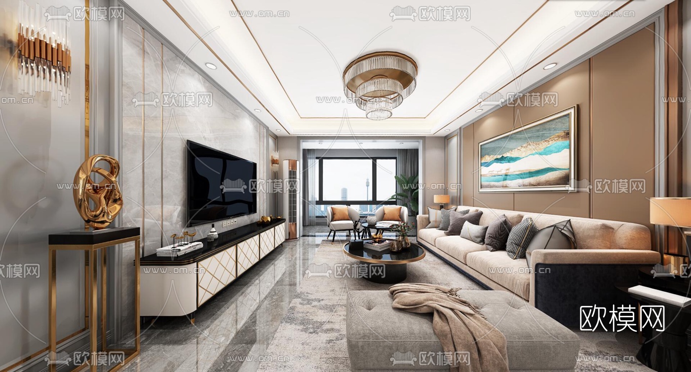 现代轻奢客厅餐厅vr全景3d模型