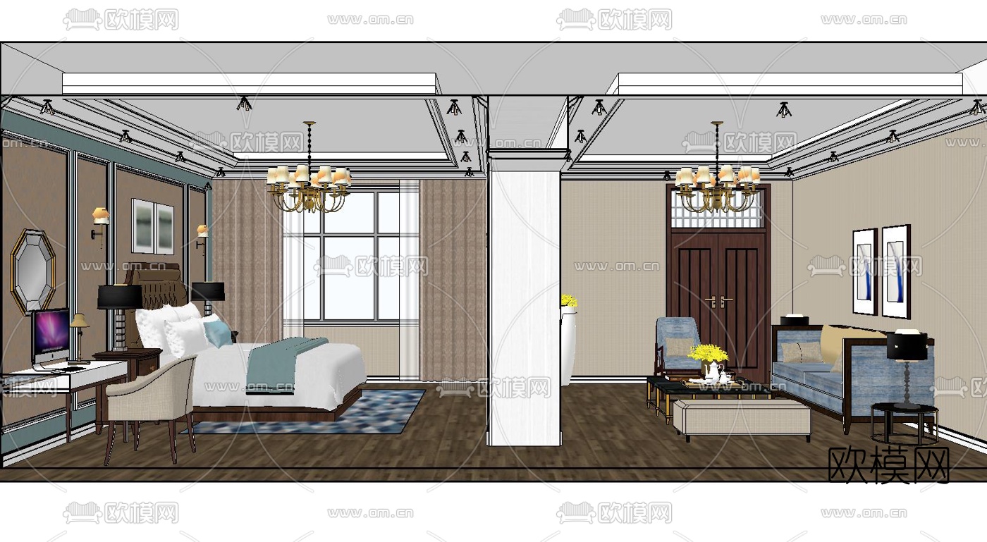 简欧卧室su模型下载