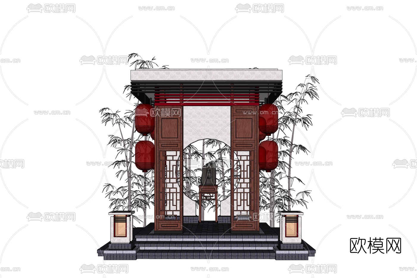 中式景观墙免费su模型下载