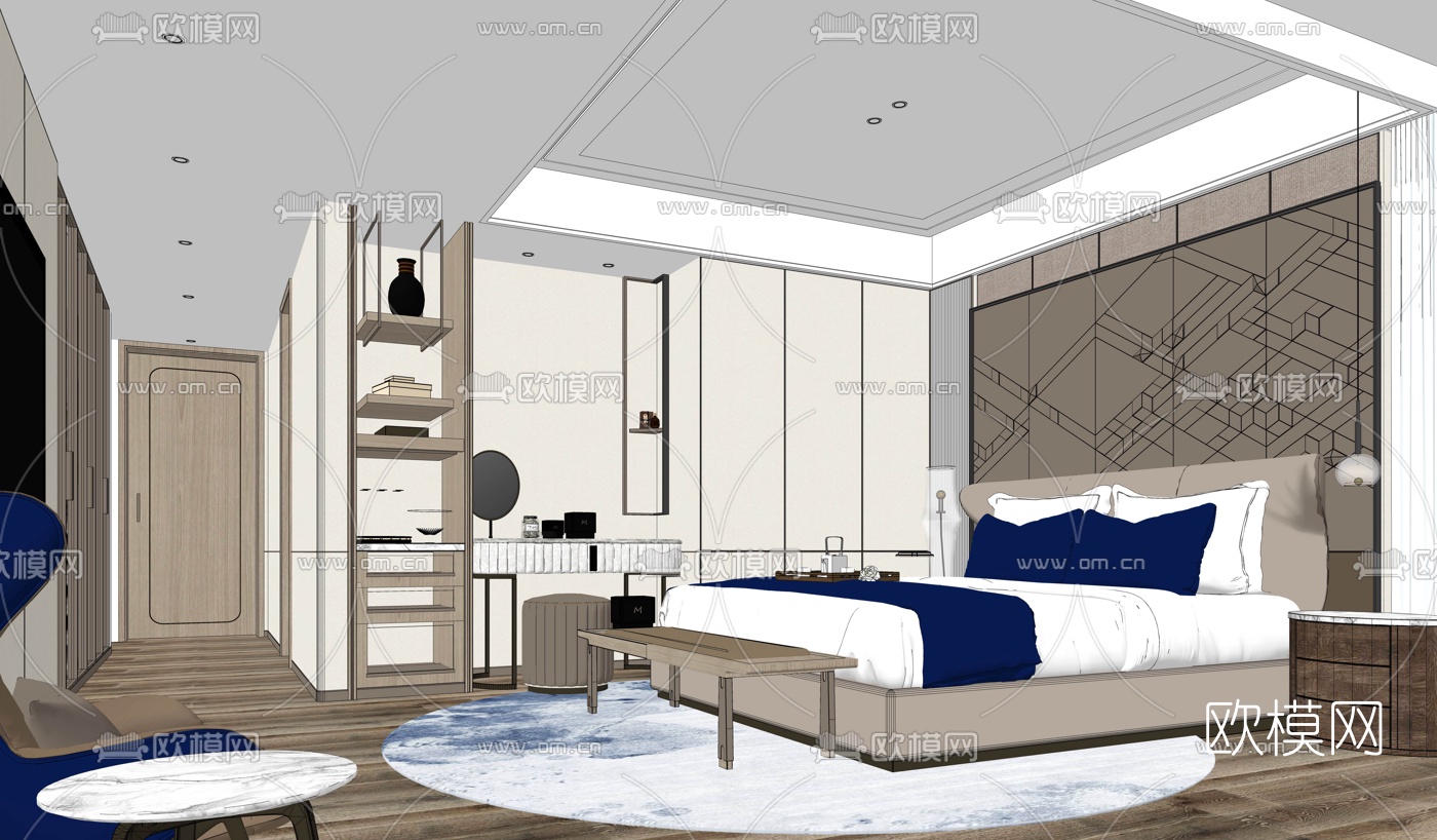 现代酒店客房su模型下载