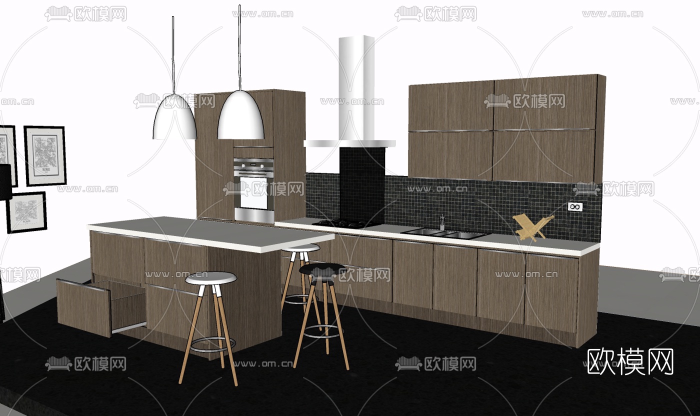 现代实木橱柜免费su模型下载