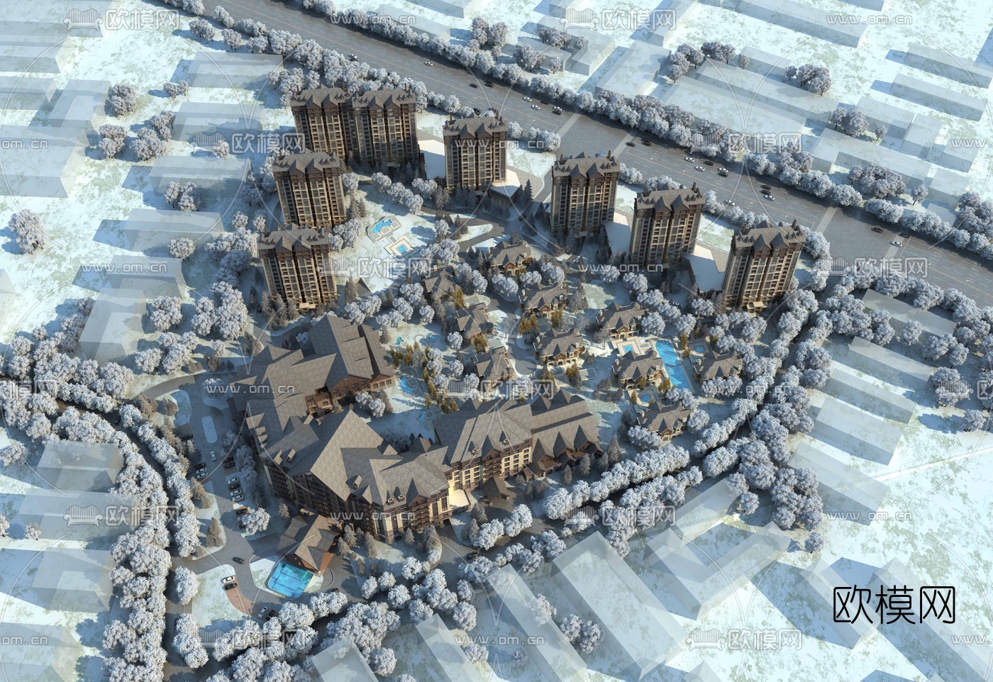 欧式住宅小区雪景鸟瞰规划3d模型下载