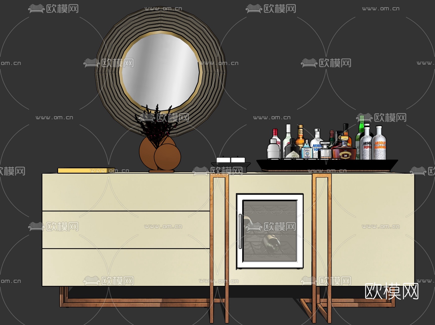 现代端景柜酒柜su模型下载（渲染图1）