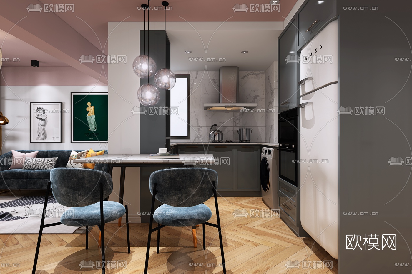 后现代客厅餐厅3d模型