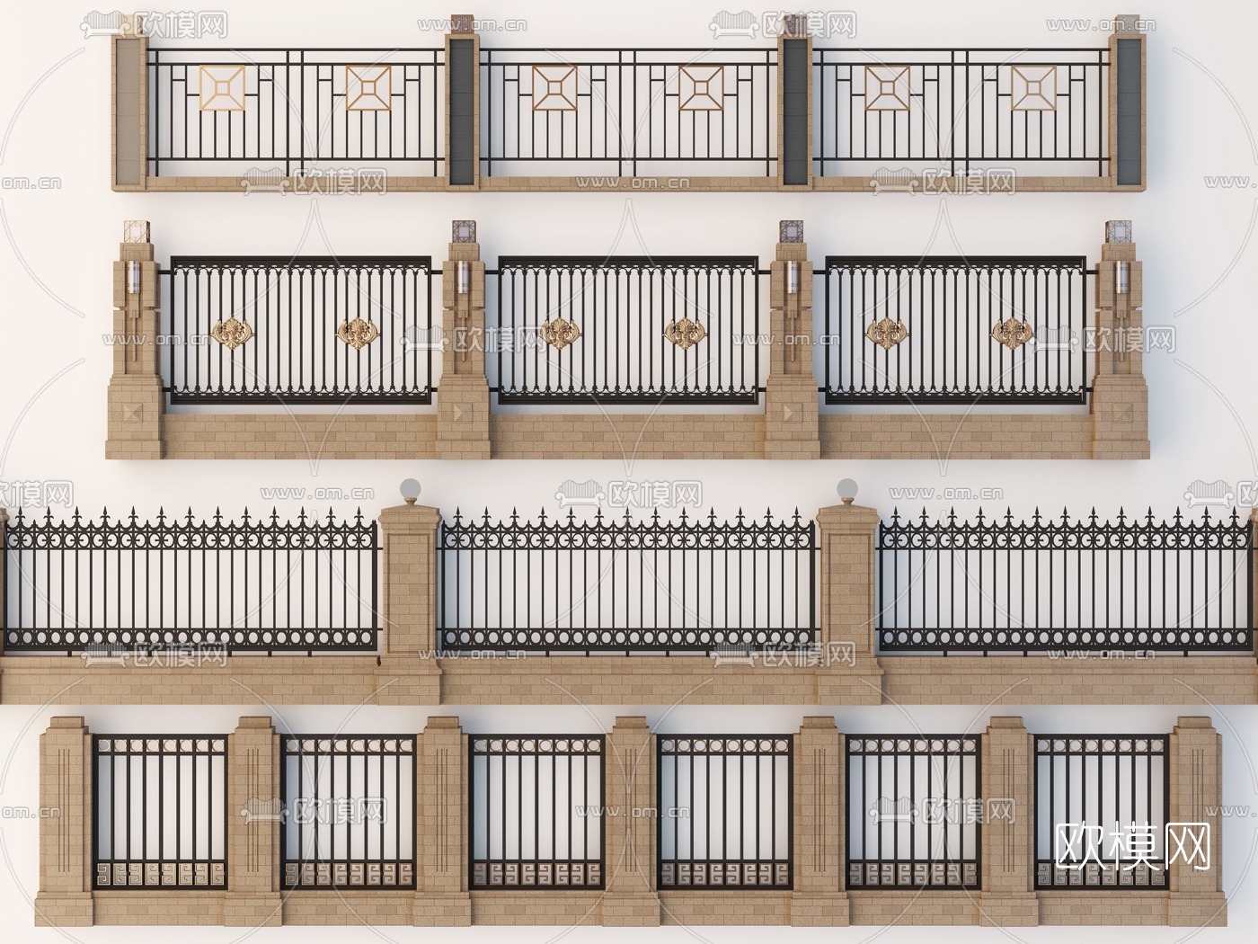 欧式围墙铁艺围栏3d模型下载（渲染图1）