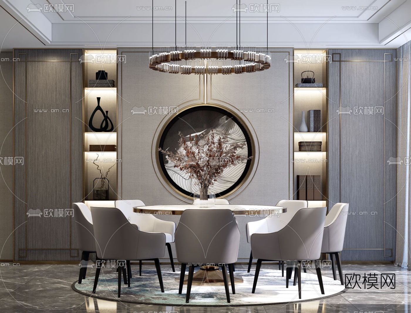 新中式圆形餐桌椅su模型下载（渲染图1）