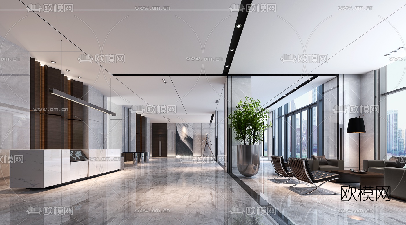 现代办公楼大堂前台3D模型-免费3dmax模型库-欧模网