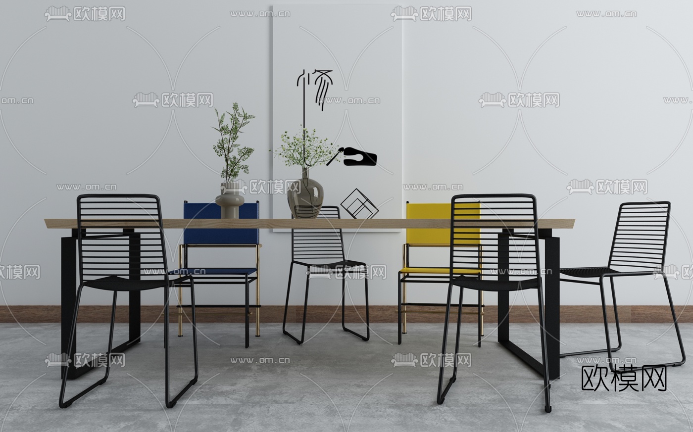 工业风条形餐桌椅3d模型下载