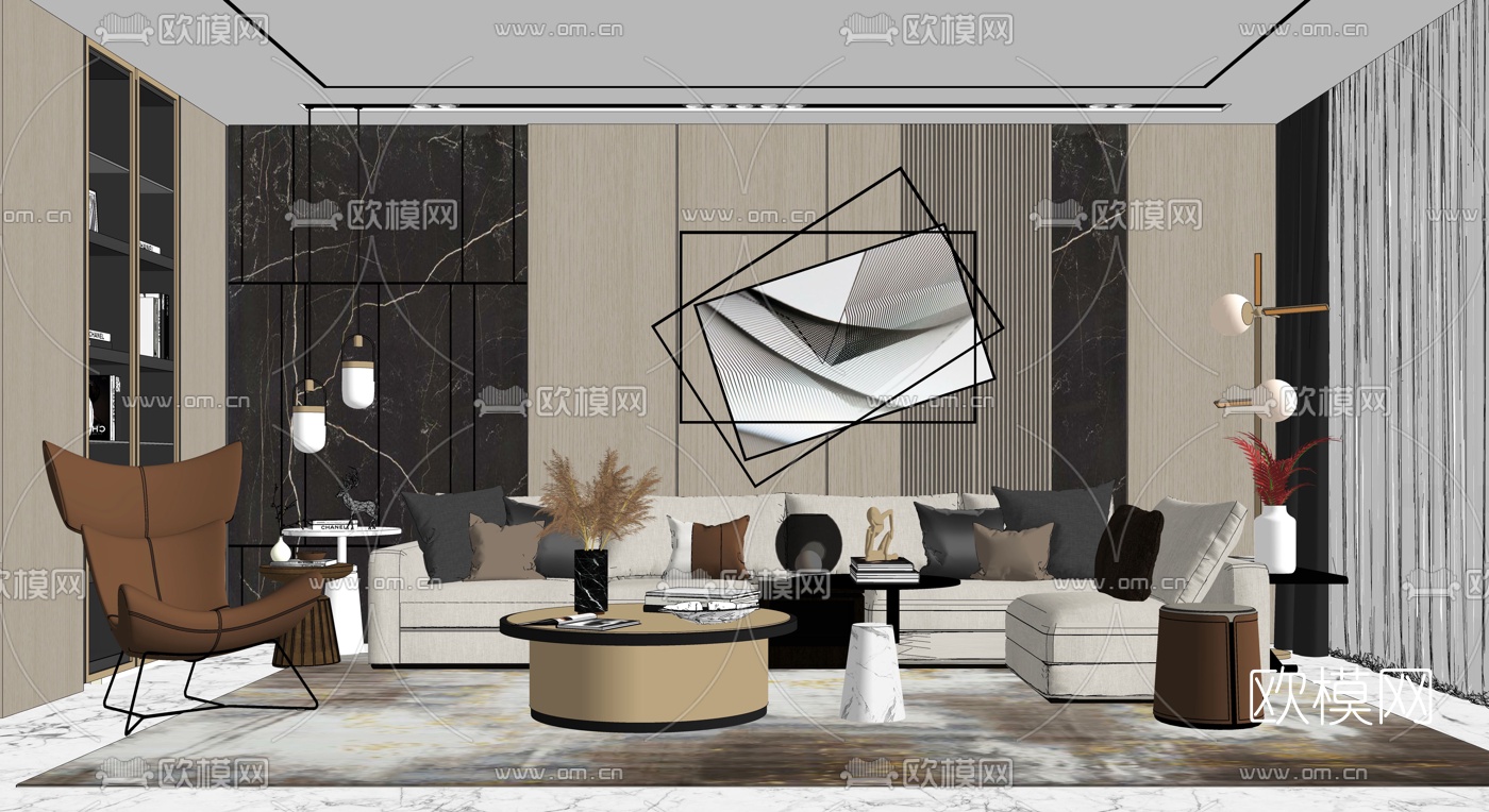 现代轻奢客厅3d模型下载（渲染图2）