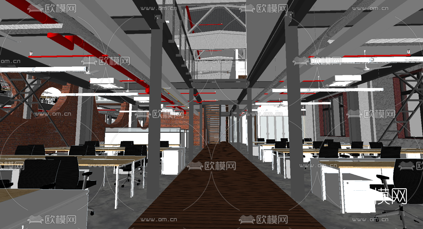工业风敞开式办公区su模型下载（渲染图1）
