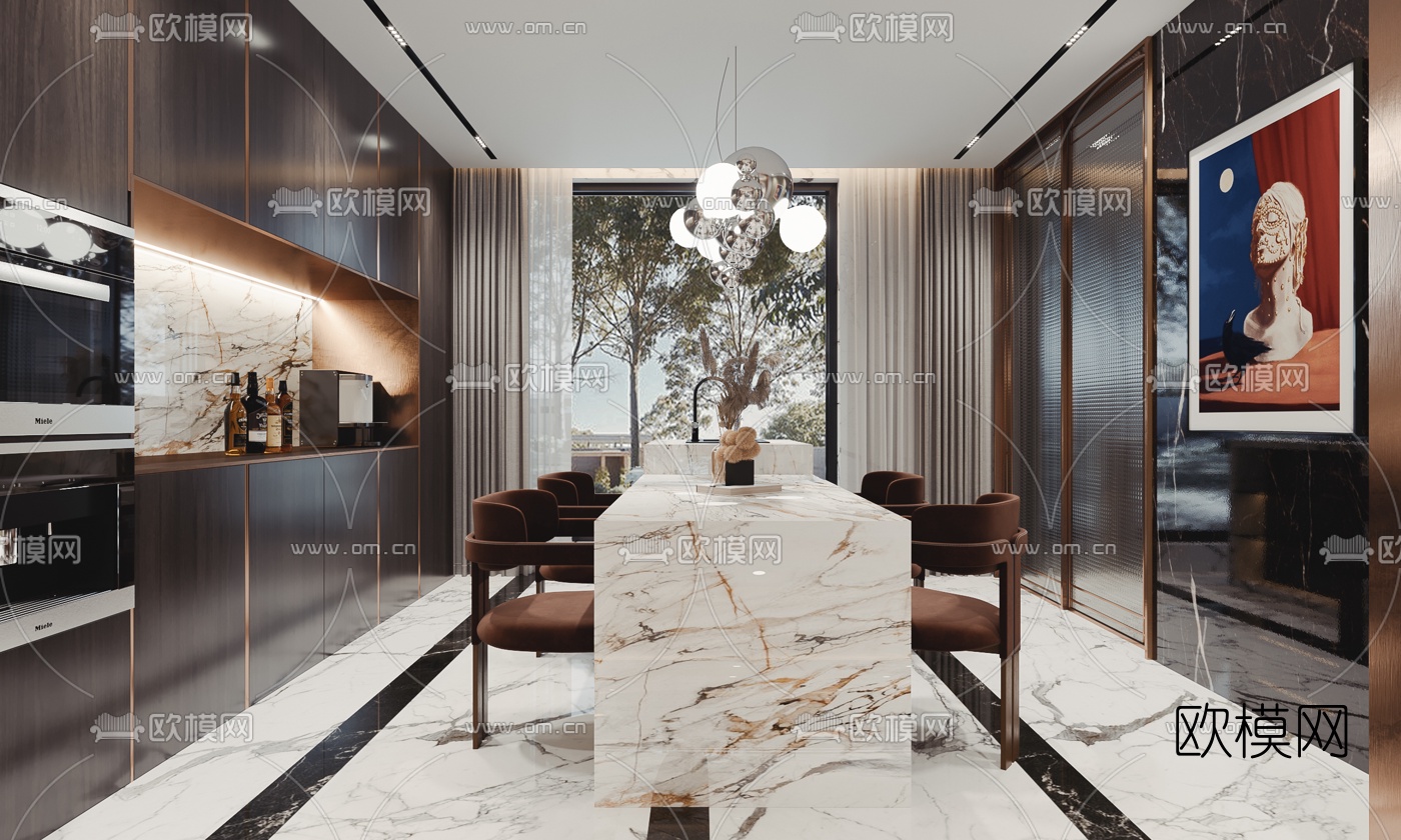 欧式轻奢客厅餐厅3d模型