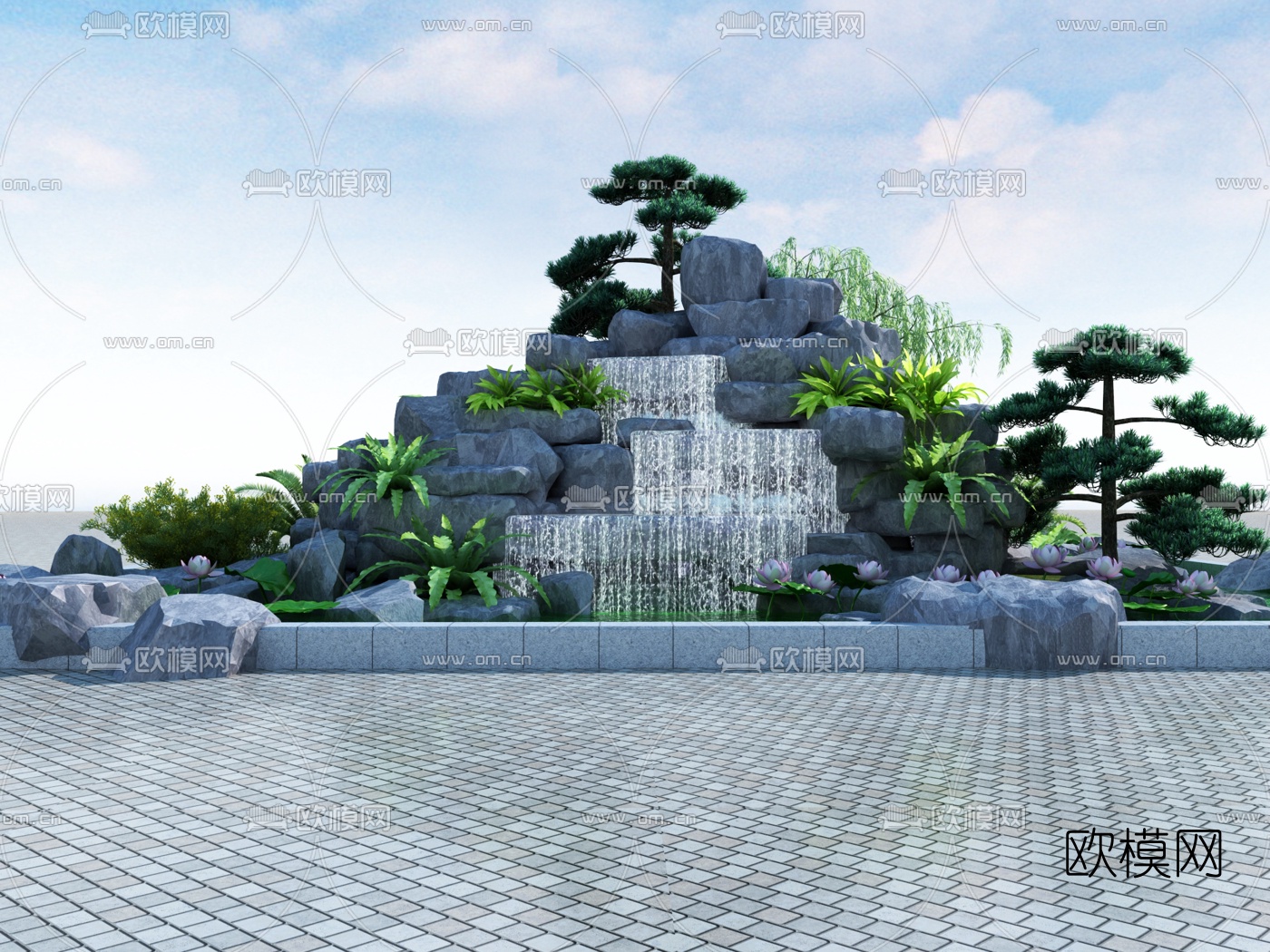 中式假山水池石头植物小品3d模型下载（渲染图1）