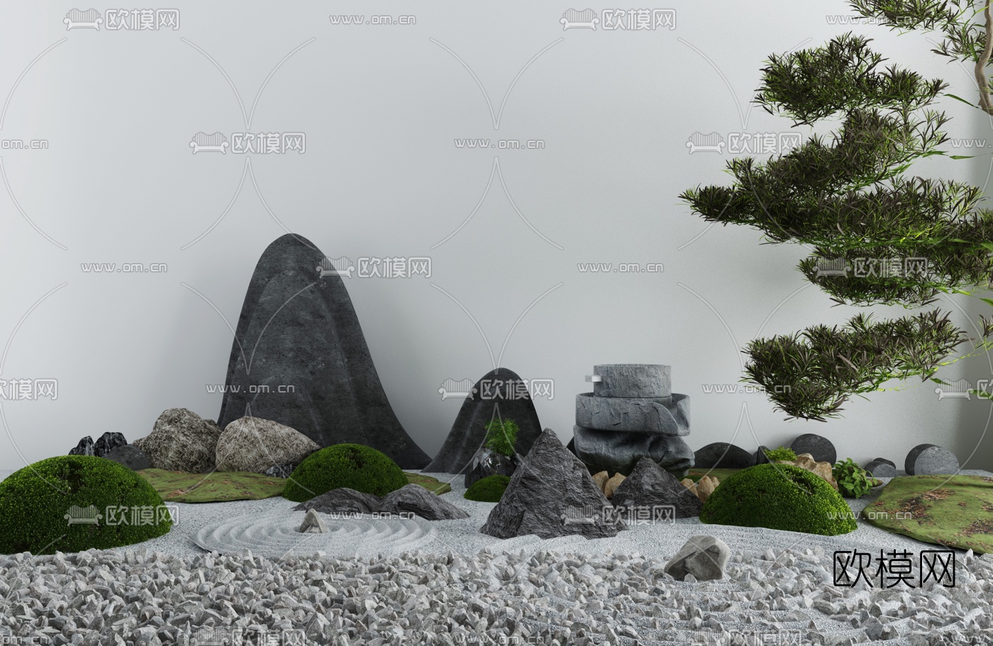 新中式松树岩石园艺小品3d模型