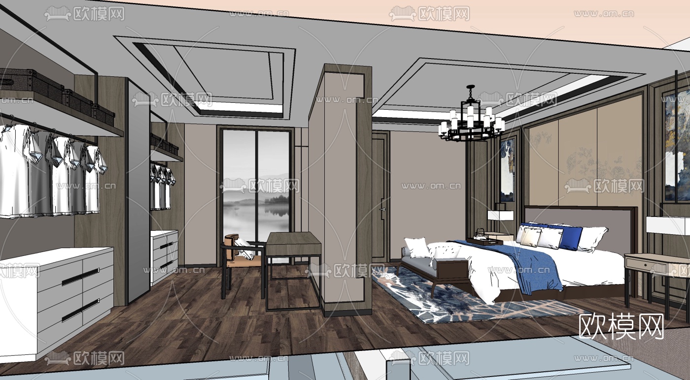新中式主人房卧室su模型下载（渲染图3）