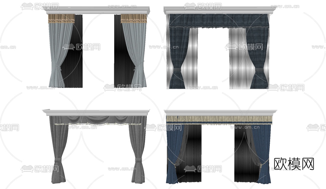 简欧布艺窗帘su模型下载