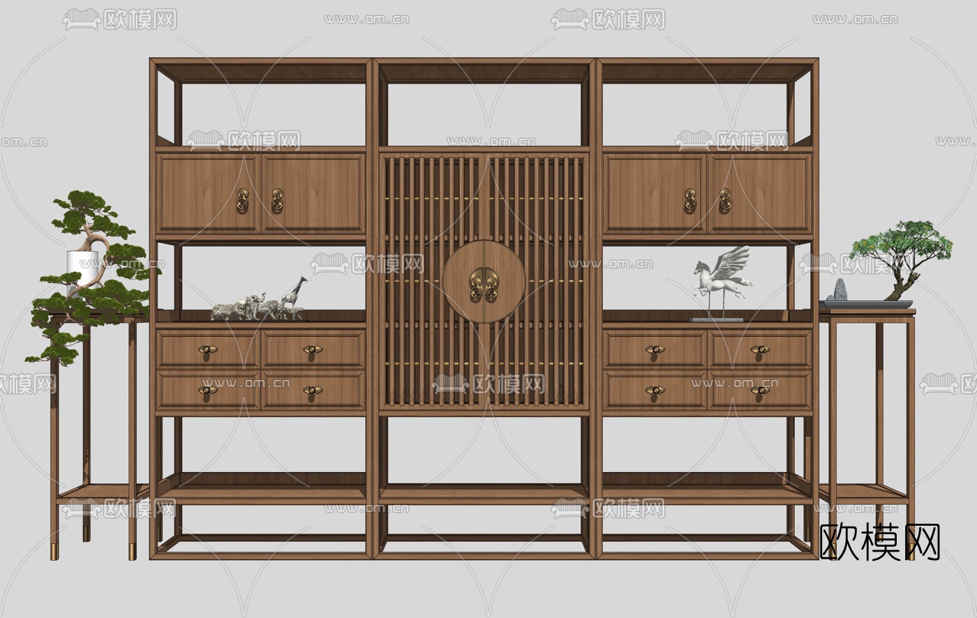 中式实木储物柜su模型下载