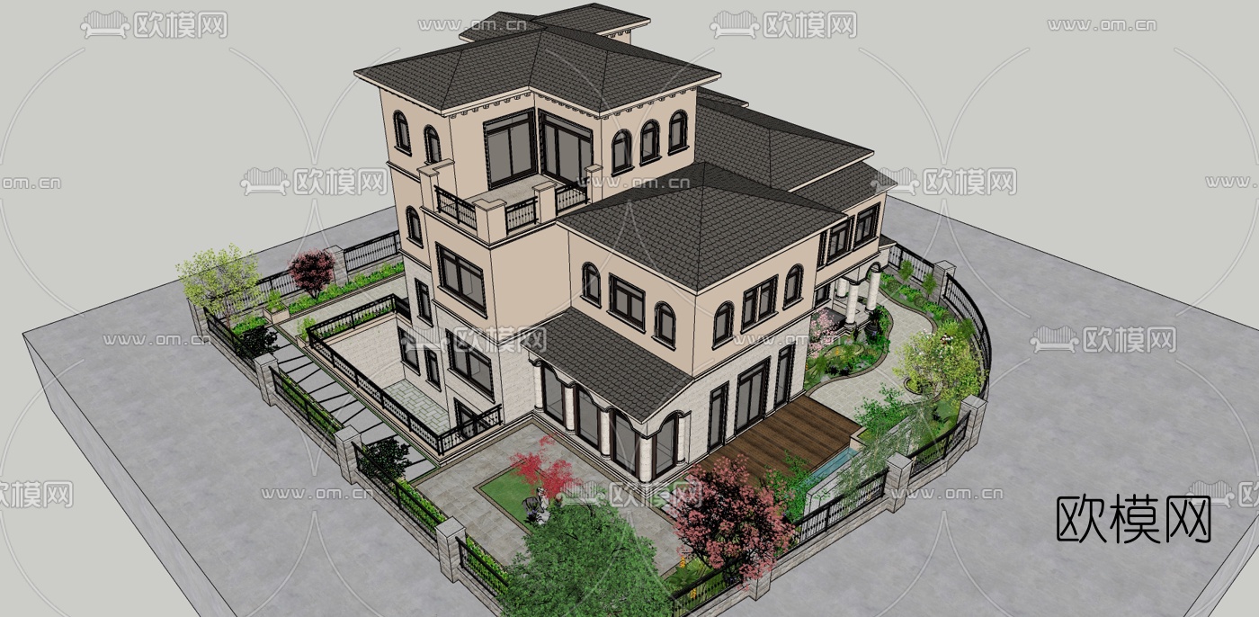 美式独栋别墅su模型下载（渲染图3）