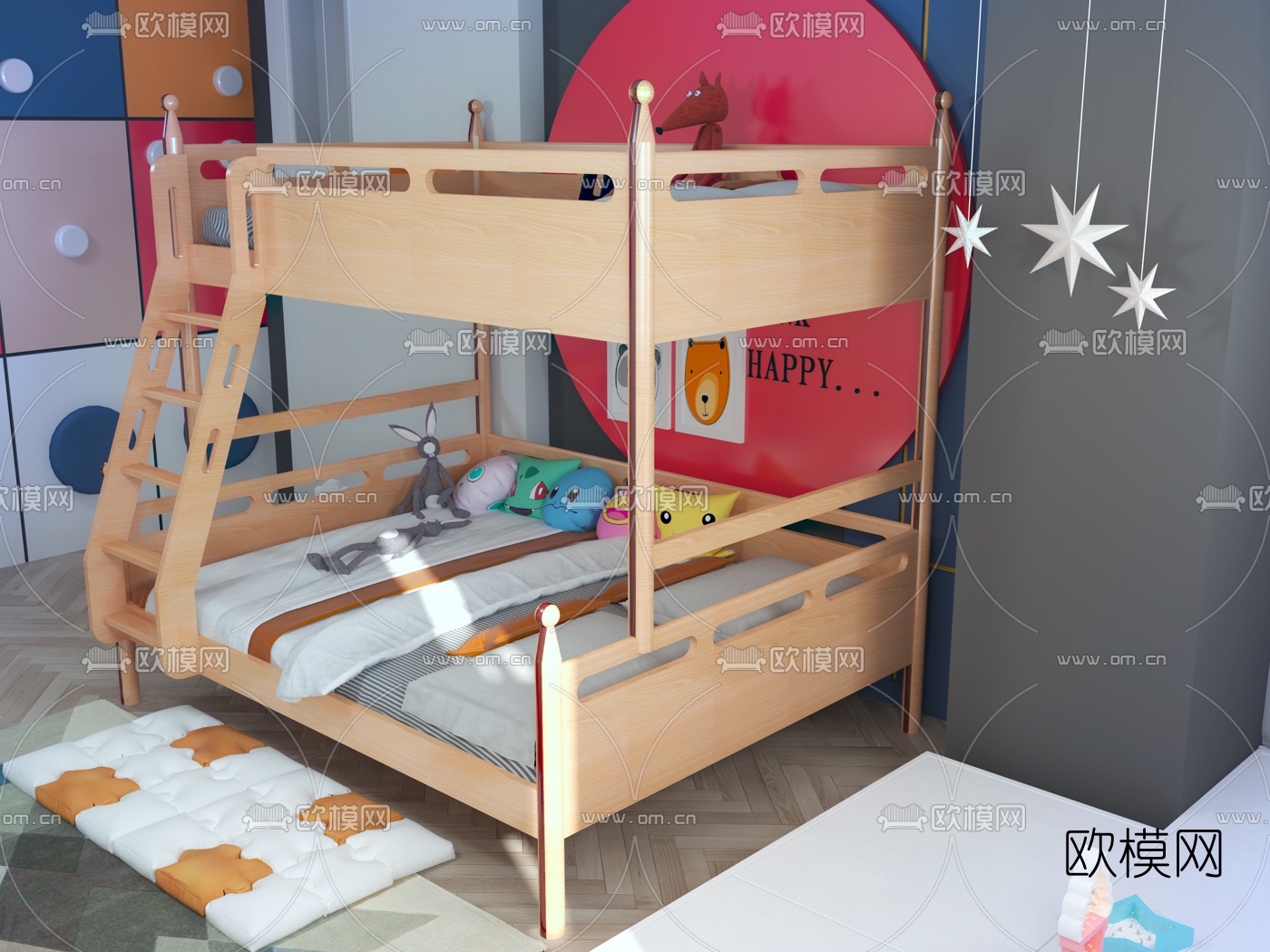 现代实木上下铺儿童床3d模型下载（渲染图2）