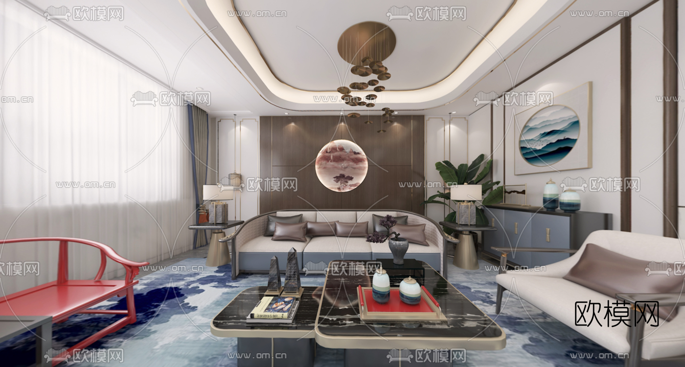 新中式别墅客厅vr全景3d模型