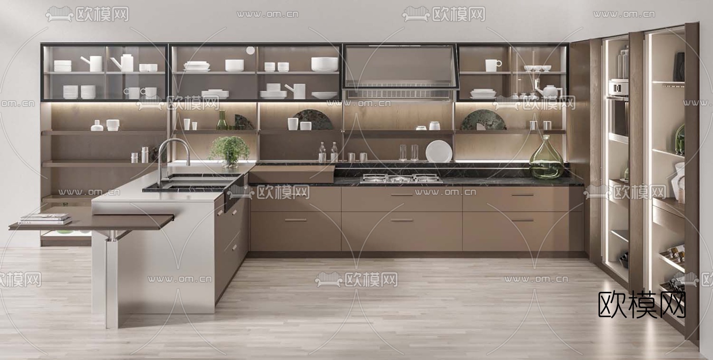 现代实木转角橱柜餐具3d模型