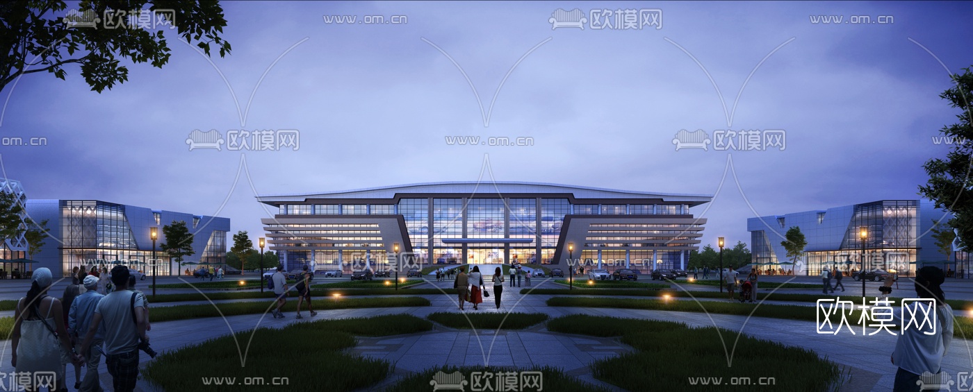现代夜景销售中心建筑外观3d模型