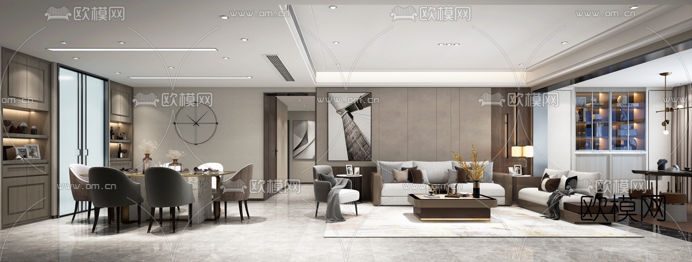 现代轻奢客厅餐厅3d模型
