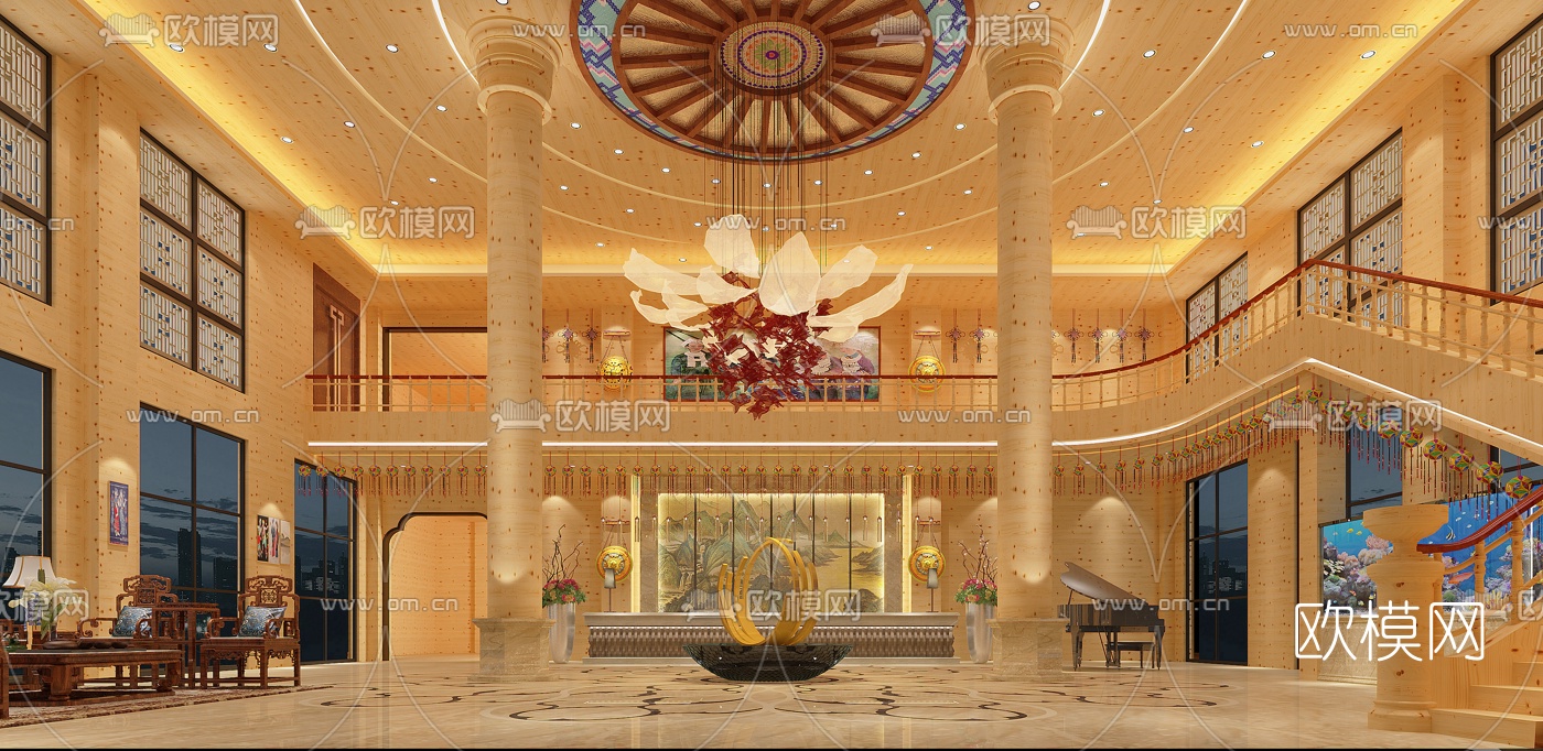 新中式酒店前台大堂免费3d模型下载（渲染图1）