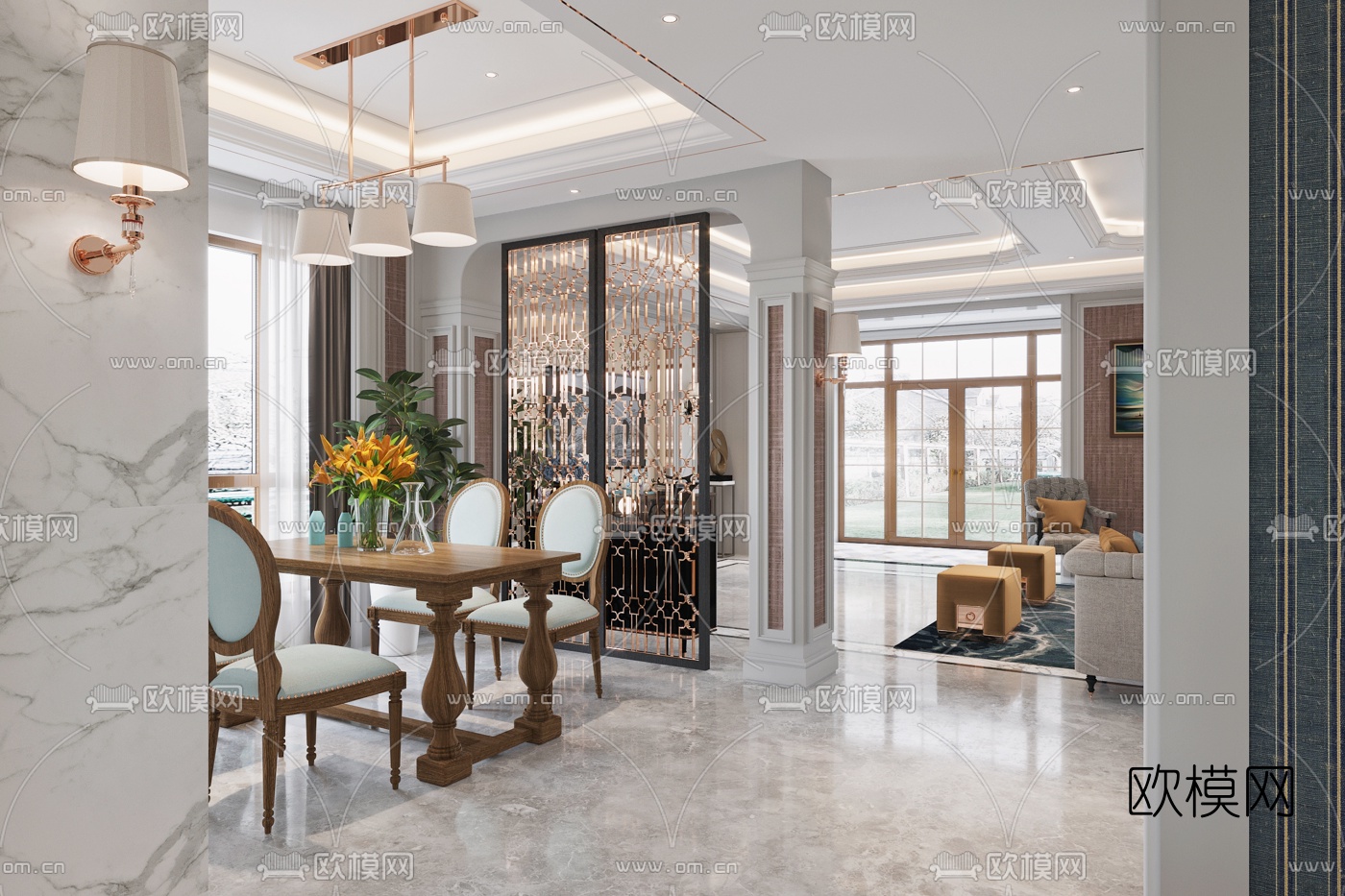 欧式别墅客厅餐厅3d模型下载（渲染图6）