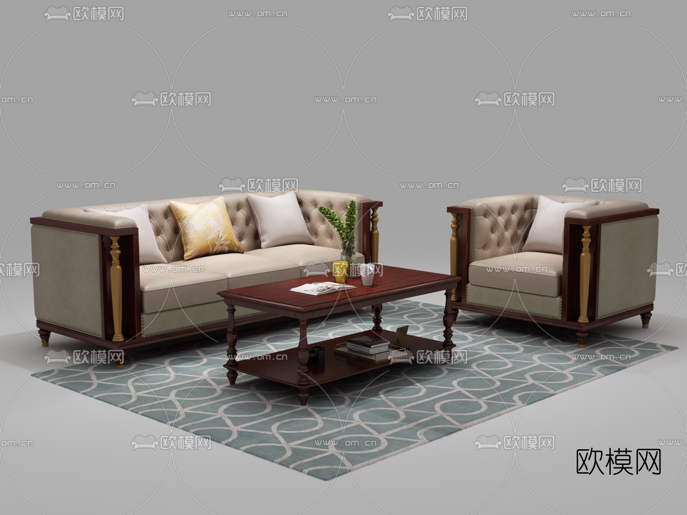 欧式皮革沙发组合免费3d模型下载_ID10025125_3dmax免费模型-欧模网